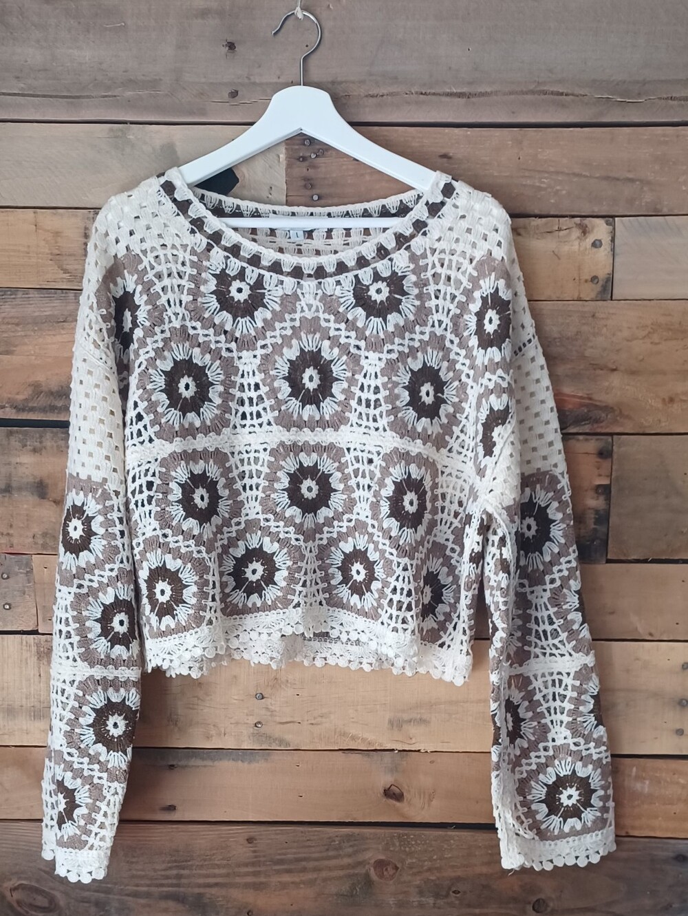 Crochet Floral Knit Long-Sleeve Top - Cream & Brown - Picture 3 of 8